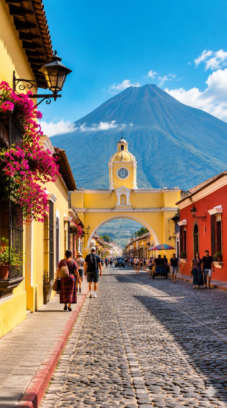 Antigua’s Santa Catalina arch beneath the Guatemala sky